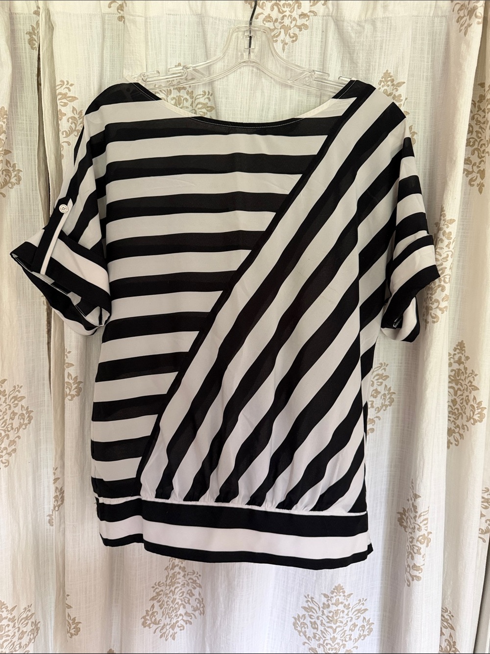 White House Black Market Black & White Striped Mixed-Panel Top